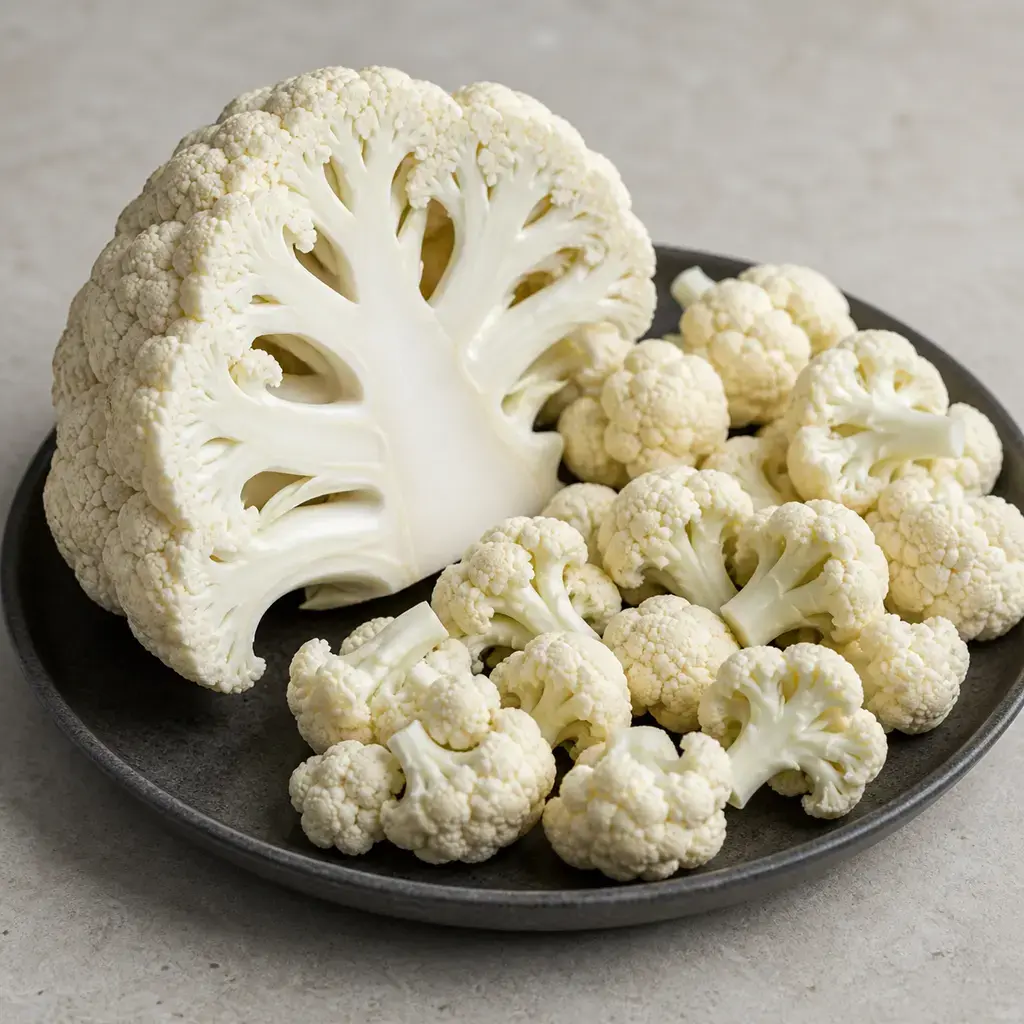 Plain cauliflower on a clean unbranded surface for a reptile food-safety check.