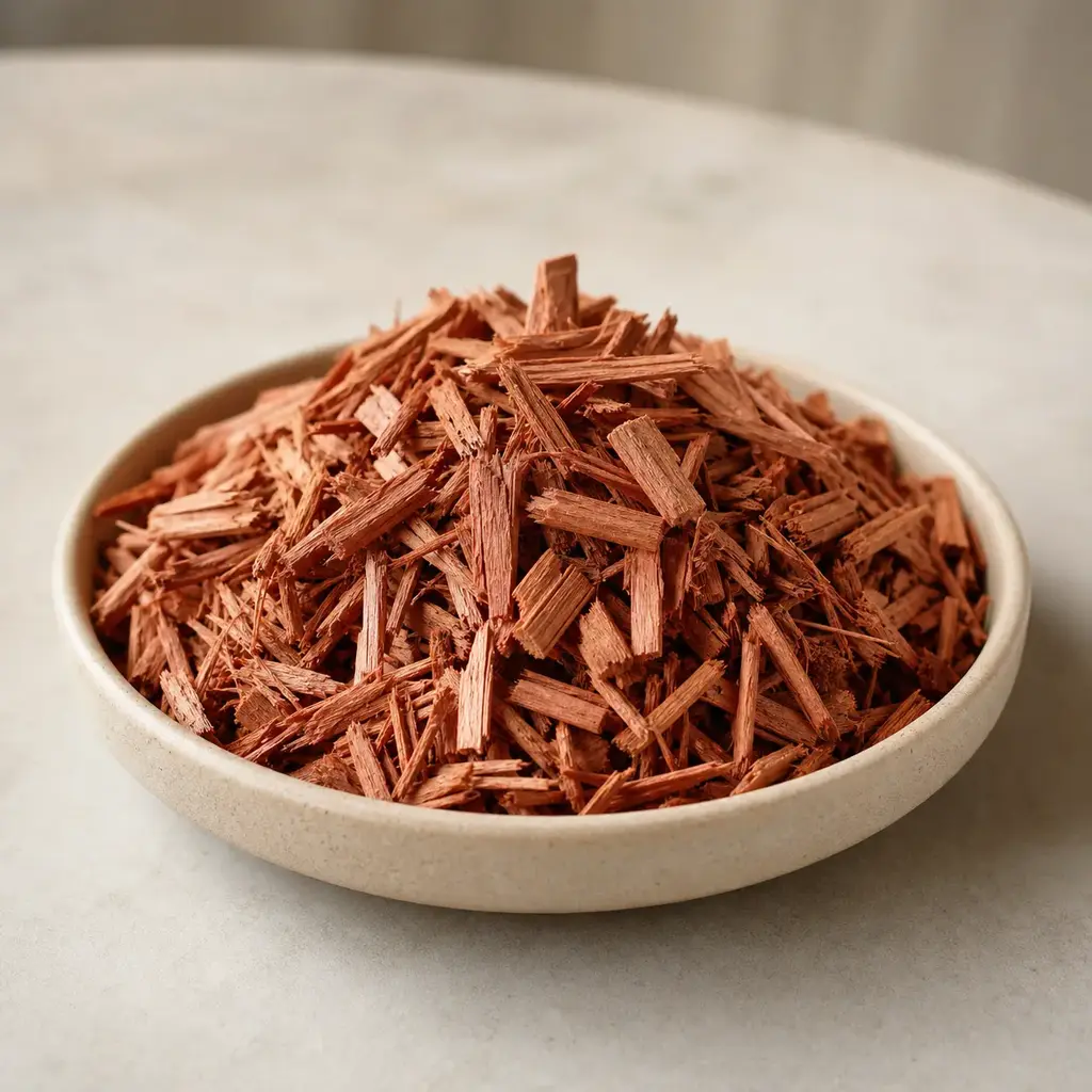 Plain cedar shavings on a clean unbranded surface for a reptile food-safety check.