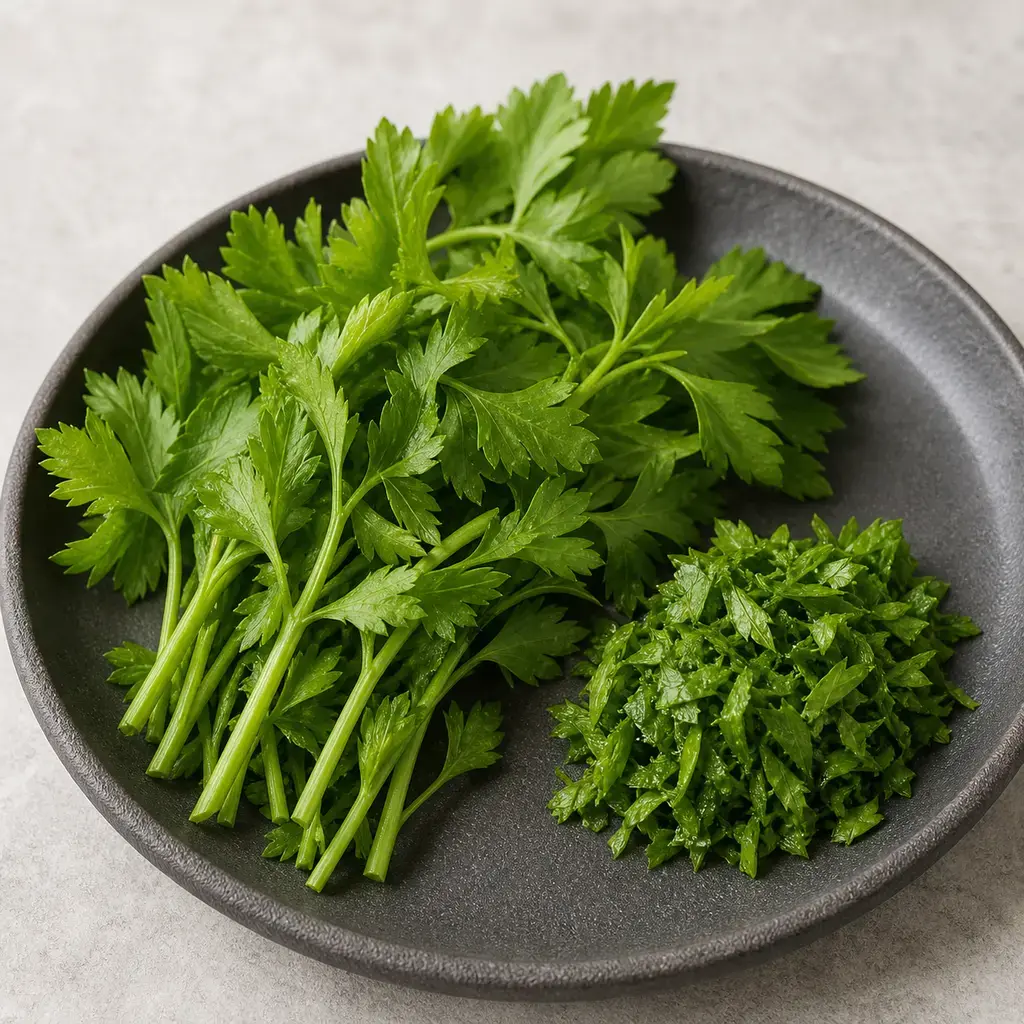 Plain celery leaves on a clean unbranded surface for a reptile food-safety check.