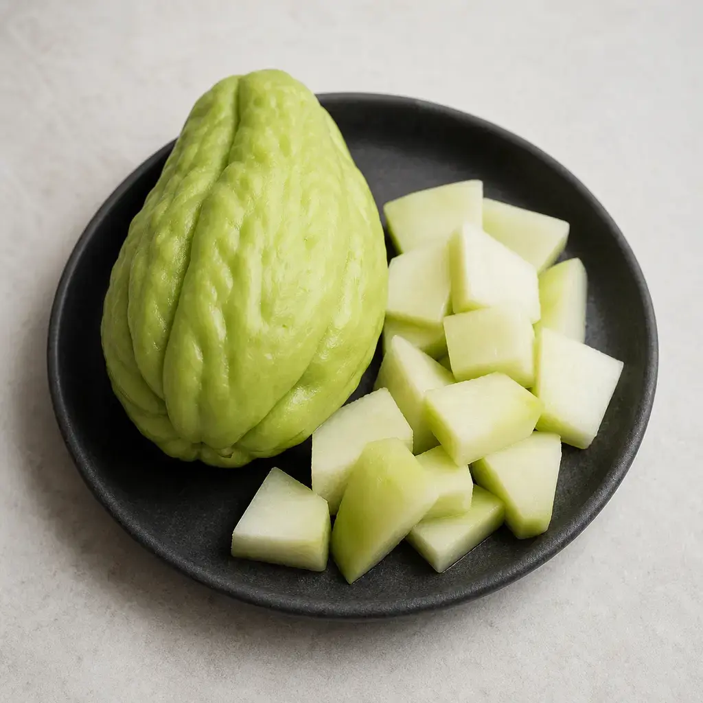 Plain chayote on a clean unbranded surface for a reptile food-safety check.