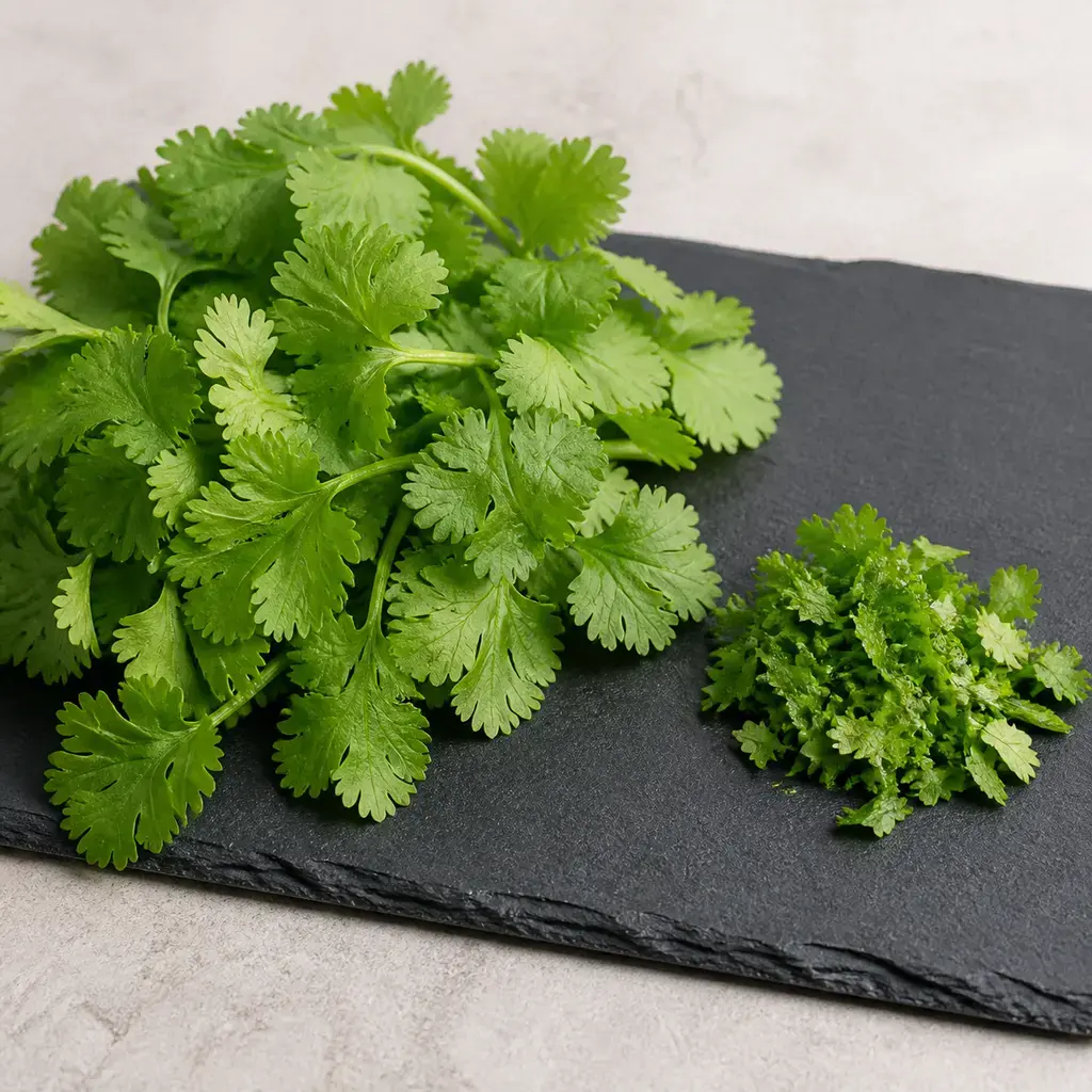 Plain cilantro on a clean unbranded surface for a reptile food-safety check.