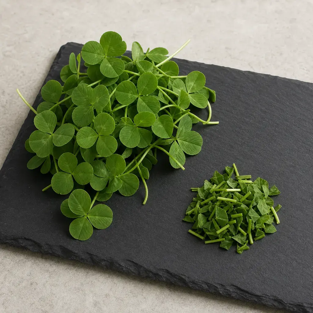 Plain clover on a clean unbranded surface for a reptile food-safety check.