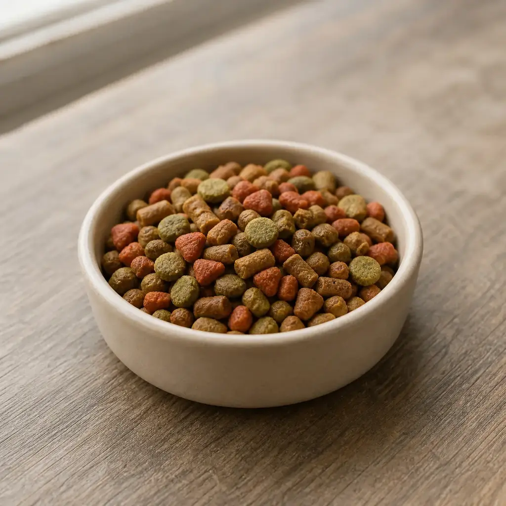 Plain commercial pellets on a clean unbranded surface for a reptile food-safety check.