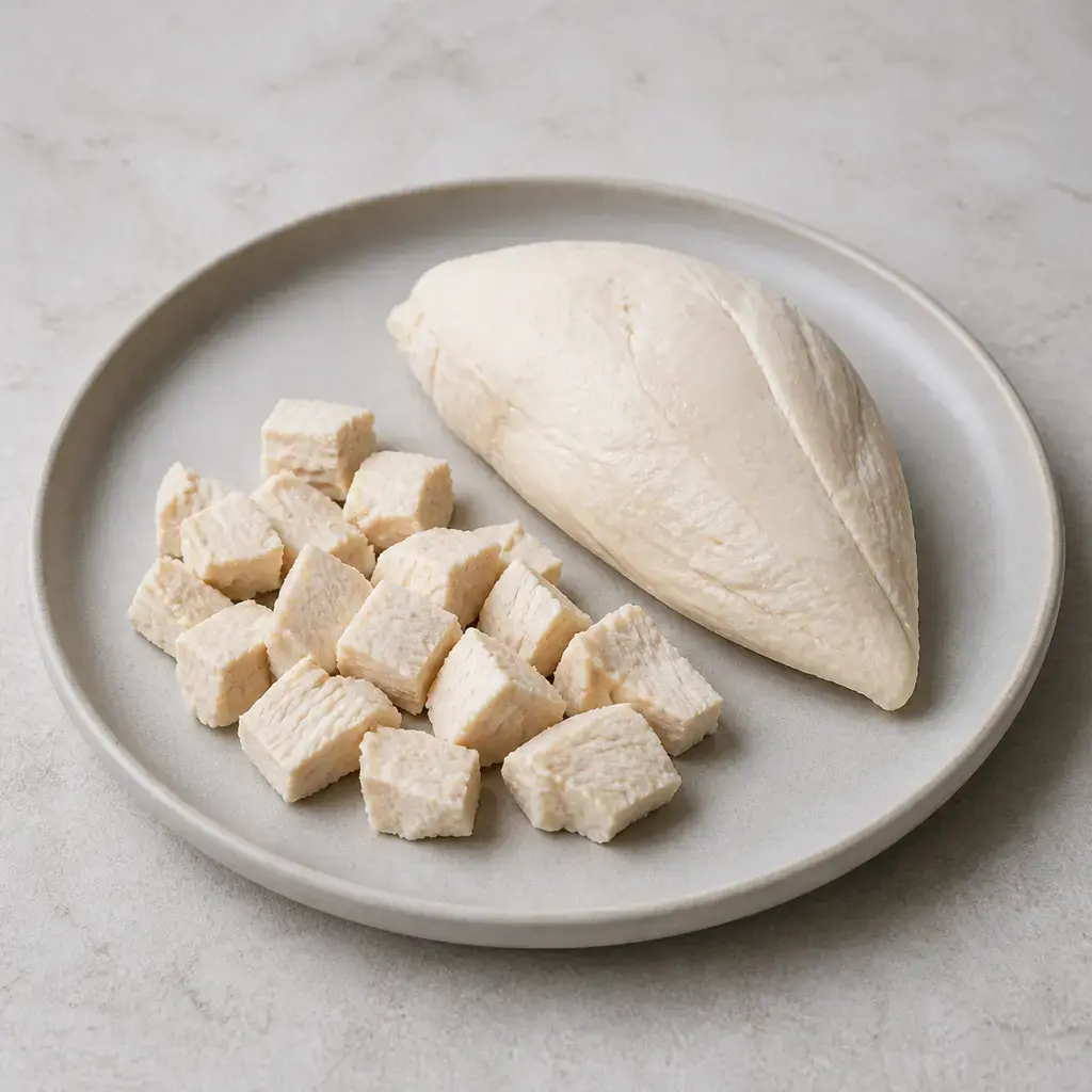 Plain cooked chicken on a clean unbranded surface for a reptile food-safety check.