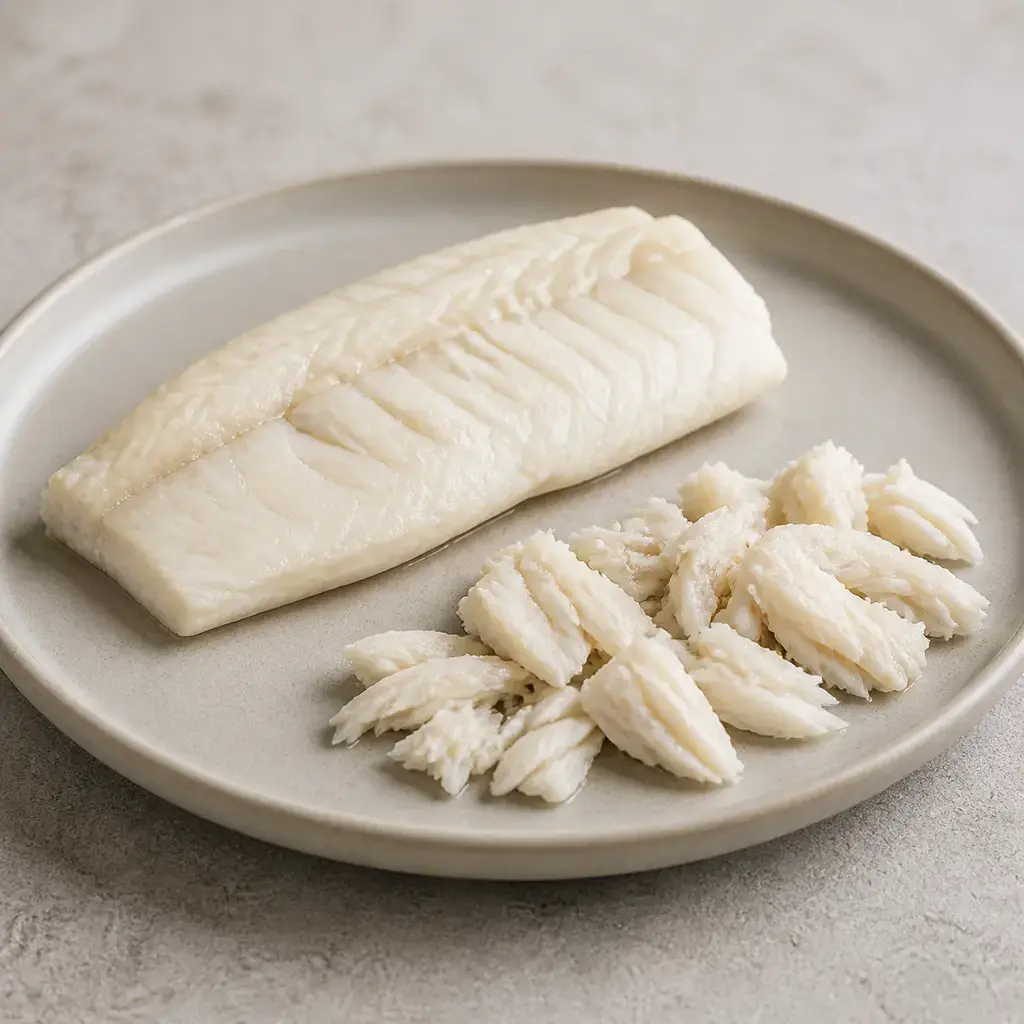 Plain cooked fish on a clean unbranded surface for a reptile food-safety check.