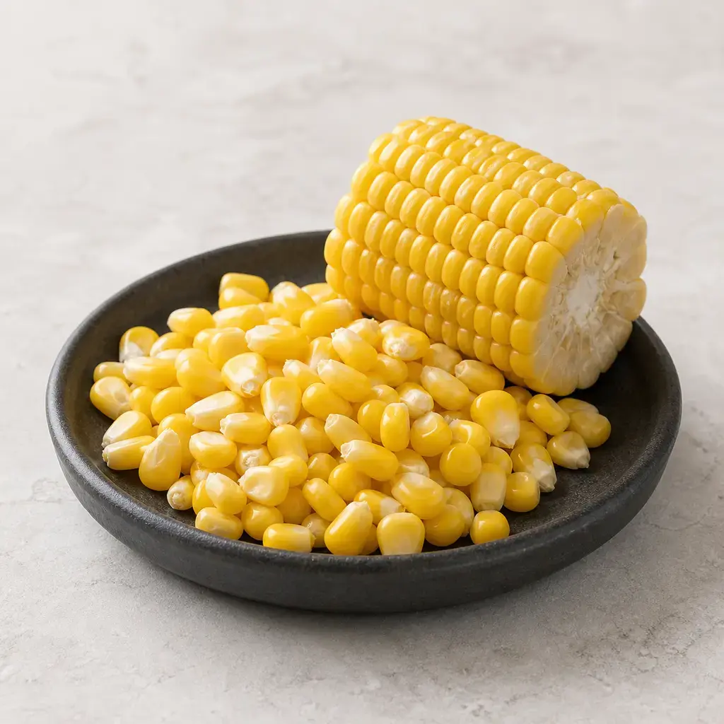Plain corn kernels on a clean unbranded surface for a reptile food-safety check.