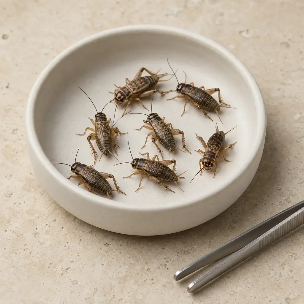 Plain crickets on a clean unbranded surface for a reptile food-safety check.