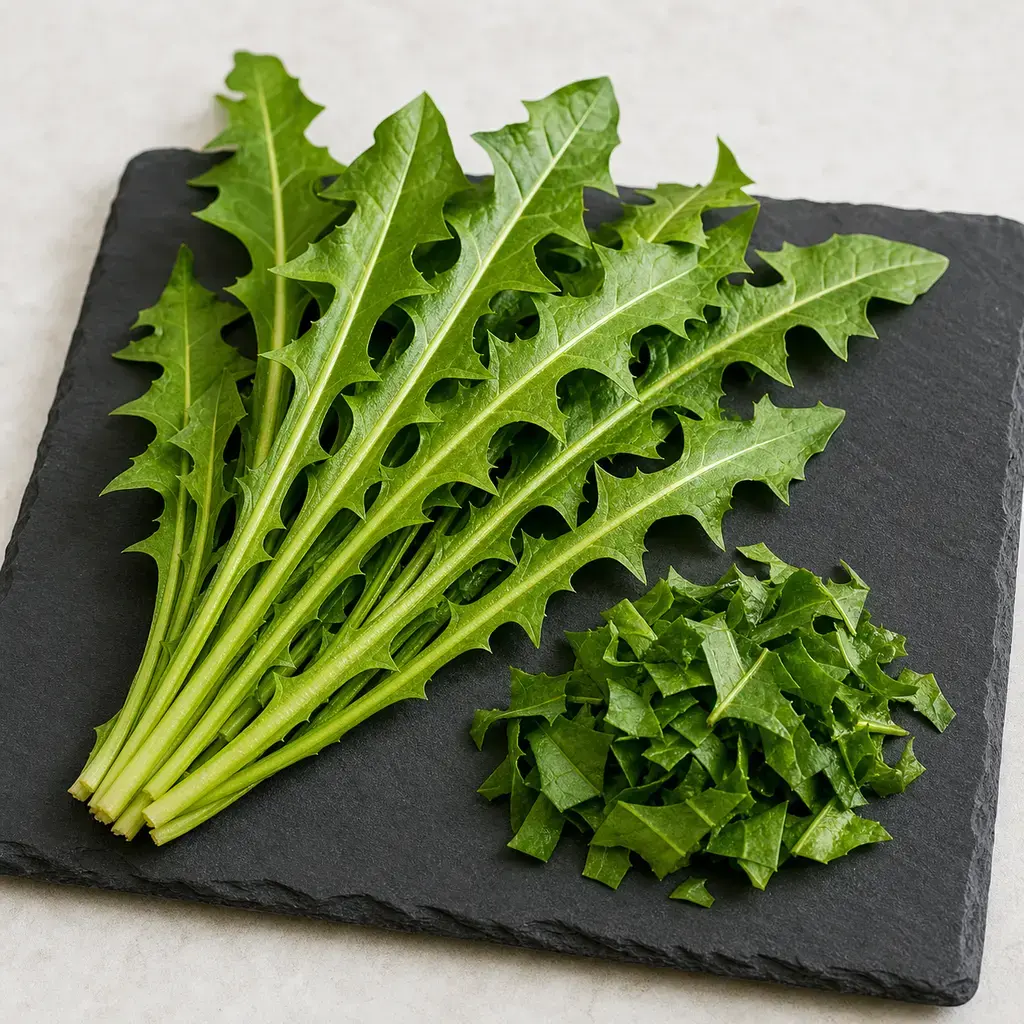 Plain dandelion greens on a clean unbranded surface for a reptile food-safety check.