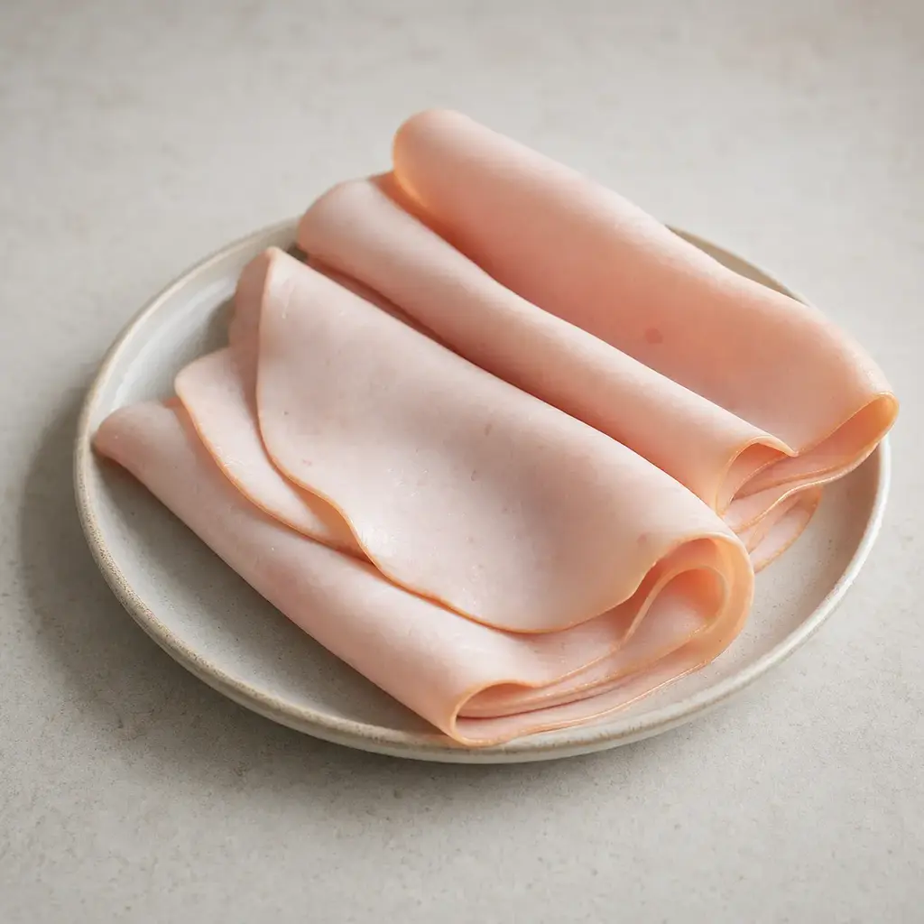 Plain deli meat on a clean unbranded surface for a reptile food-safety check.