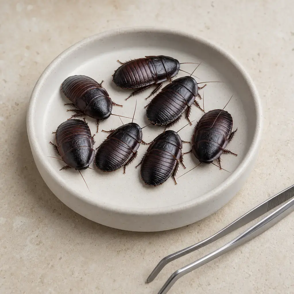Plain discoid roaches on a clean unbranded surface for a reptile food-safety check.