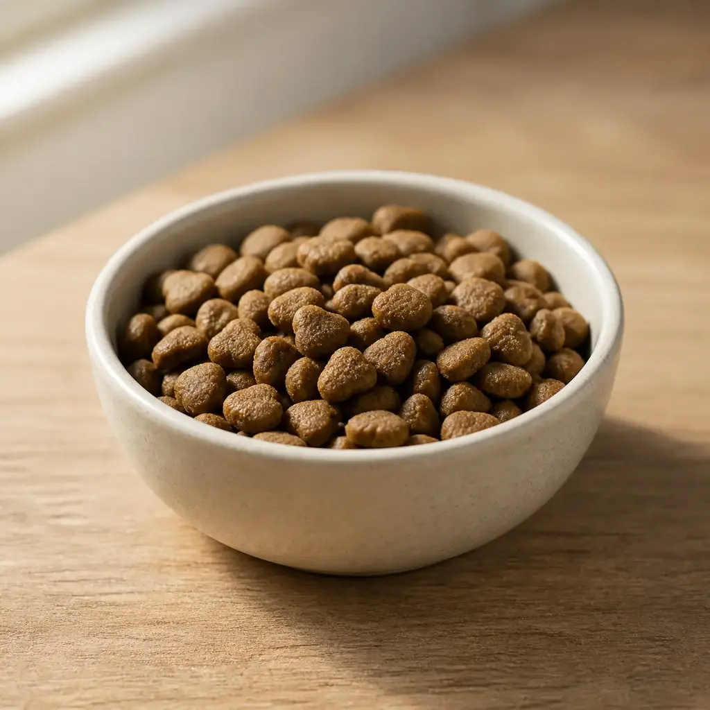 Plain dog food on a clean unbranded surface for a reptile food-safety check.