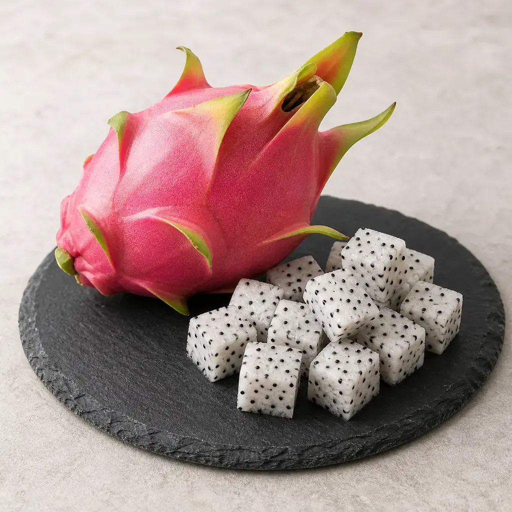 Plain dragon fruit on a clean unbranded surface for a reptile food-safety check.