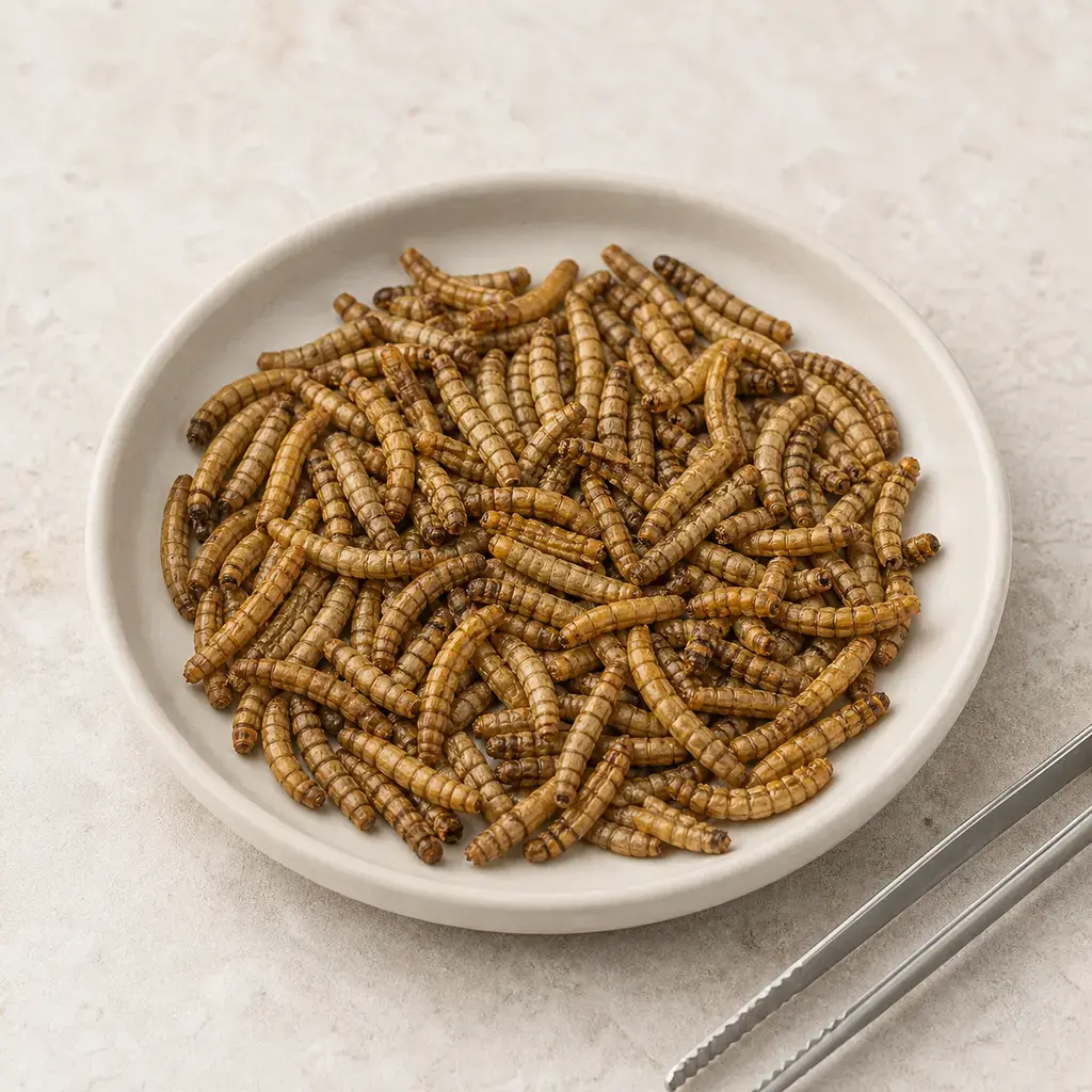Plain dried mealworms on a clean unbranded surface for a reptile food-safety check.