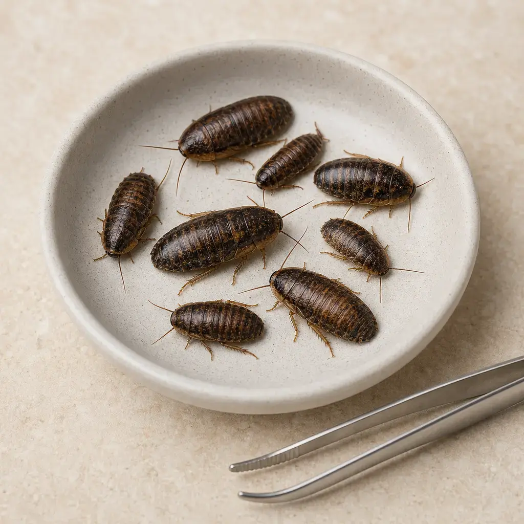 Plain dubia roaches on a clean unbranded surface for a reptile food-safety check.