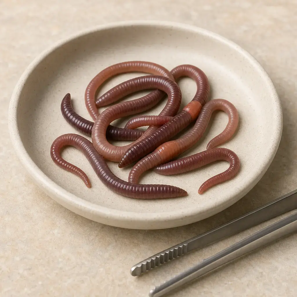 Plain earthworms on a clean unbranded surface for a reptile food-safety check.