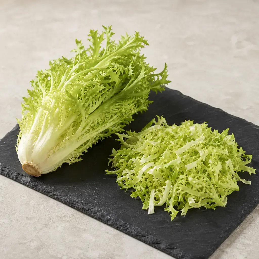 Plain endive on a clean unbranded surface for a reptile food-safety check.