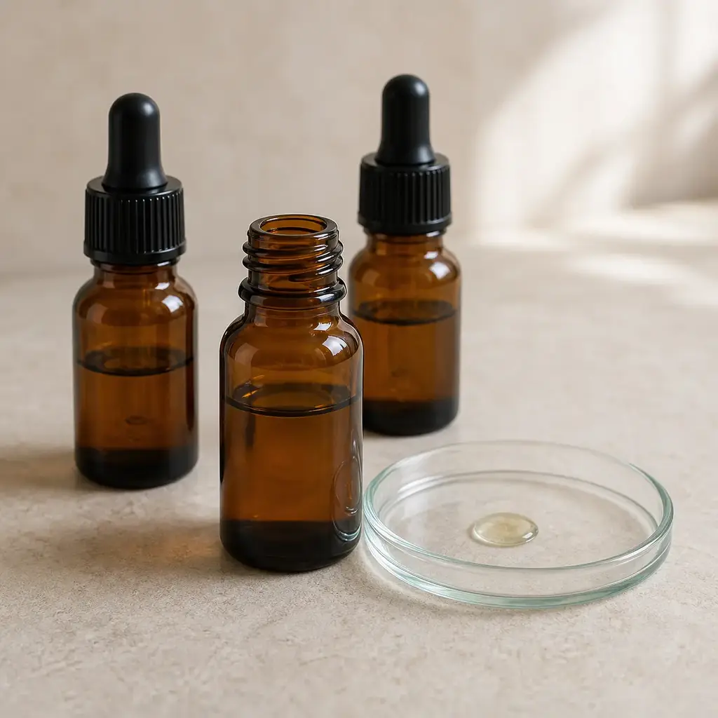 Plain essential oils on a clean unbranded surface for a reptile food-safety check.