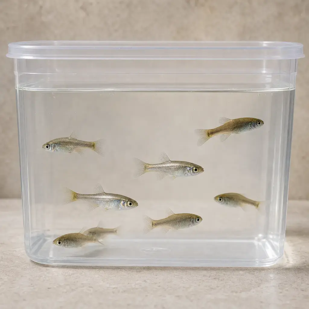 Plain feeder fish on a clean unbranded surface for a reptile food-safety check.