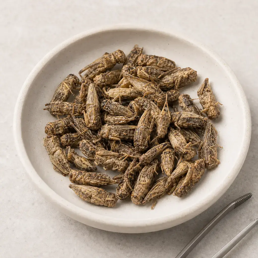 Plain freeze-dried crickets on a clean unbranded surface for a reptile food-safety check.