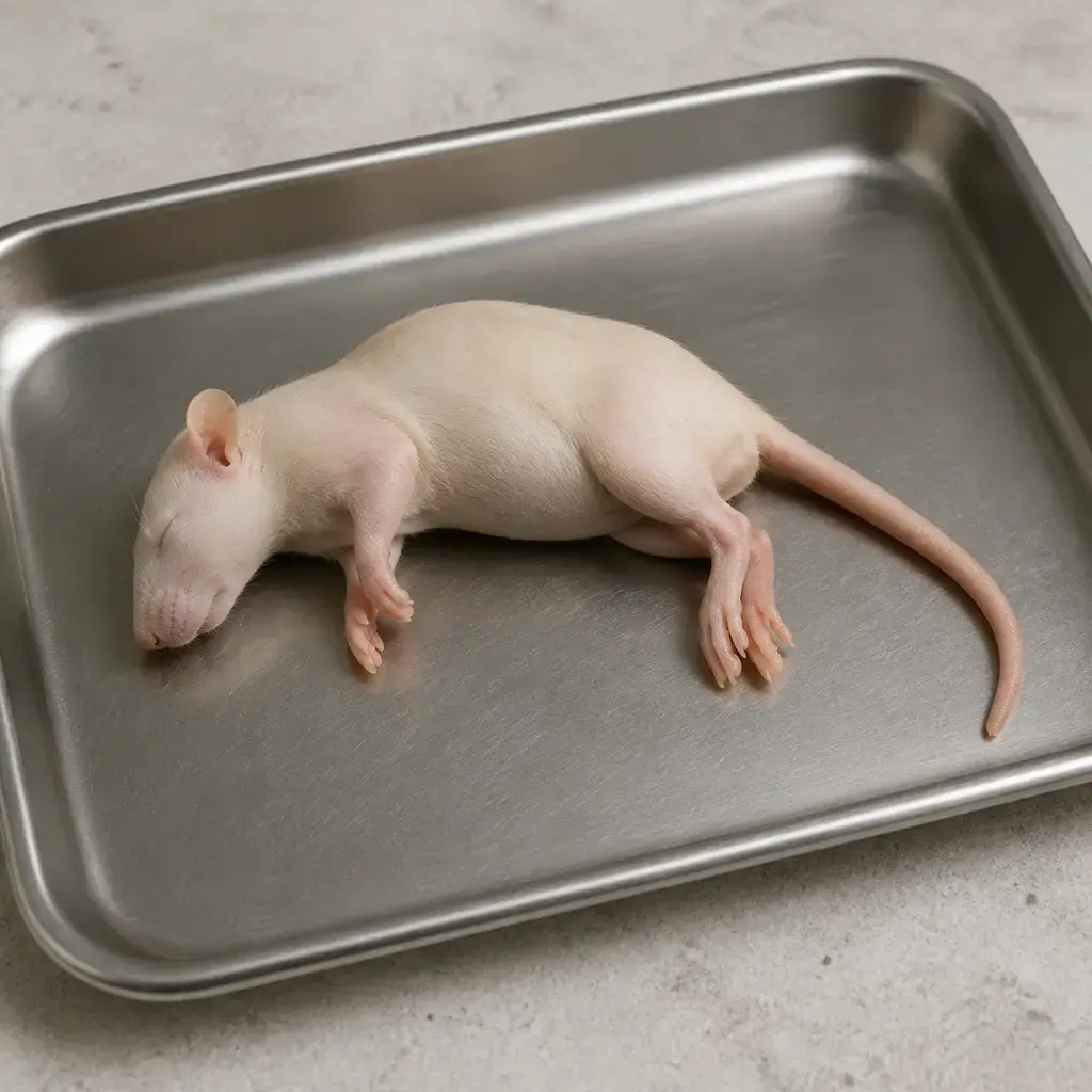 Plain frozen-thawed rats on a clean unbranded surface for a reptile food-safety check.