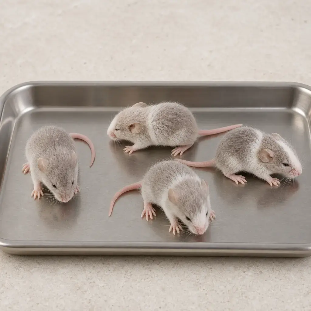 Plain fuzzy mice on a clean unbranded surface for a reptile food-safety check.