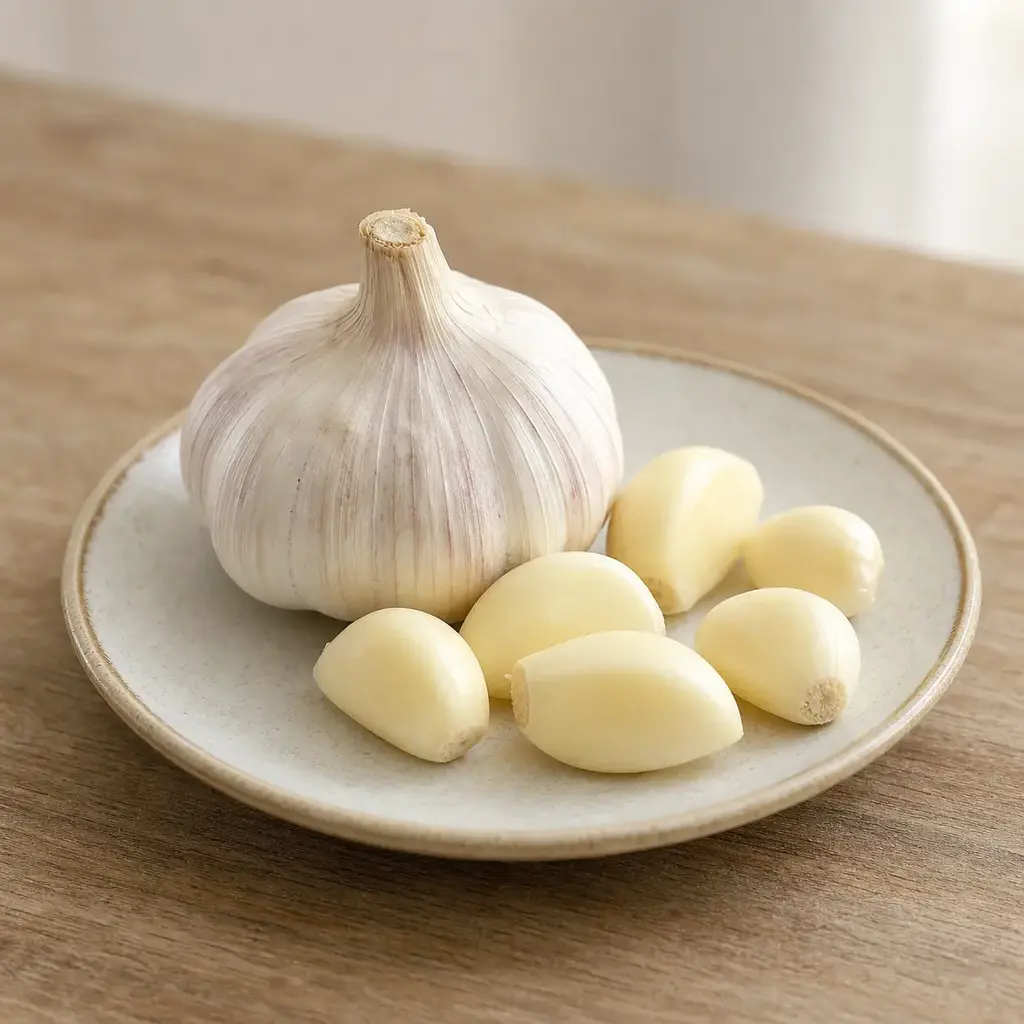 Plain garlic on a clean unbranded surface for a reptile food-safety check.