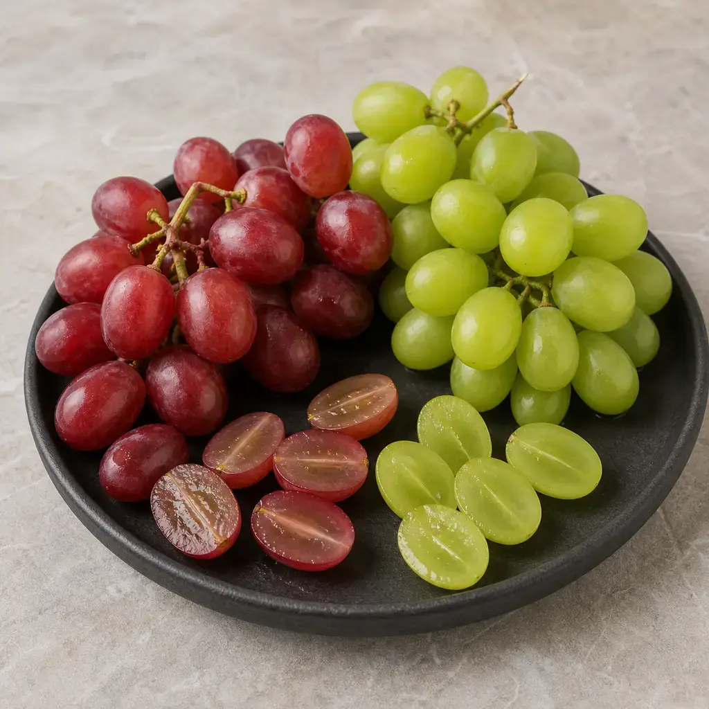 Plain grapes on a clean unbranded surface for a reptile food-safety check.