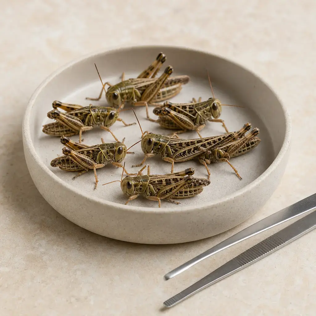 Plain grasshoppers on a clean unbranded surface for a reptile food-safety check.