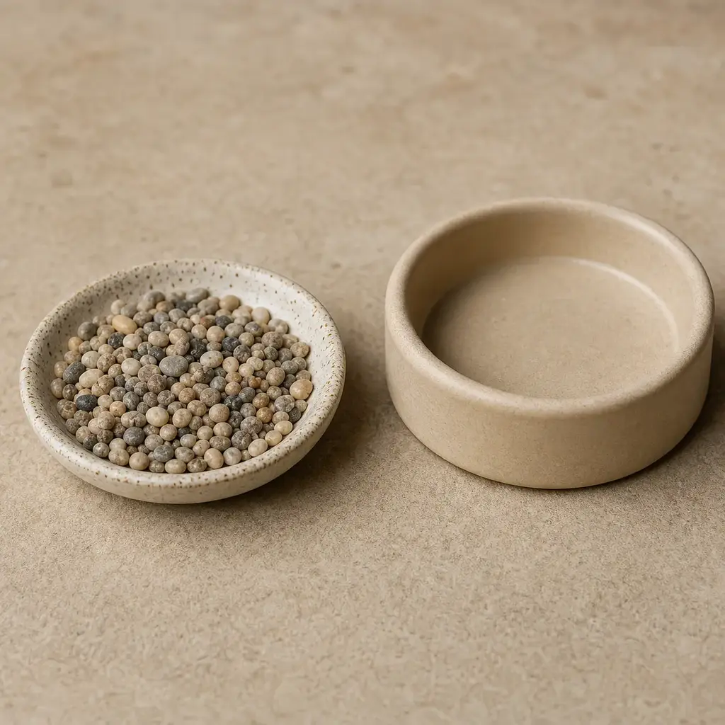 Plain gravel pieces on a clean unbranded surface for a reptile food-safety check.