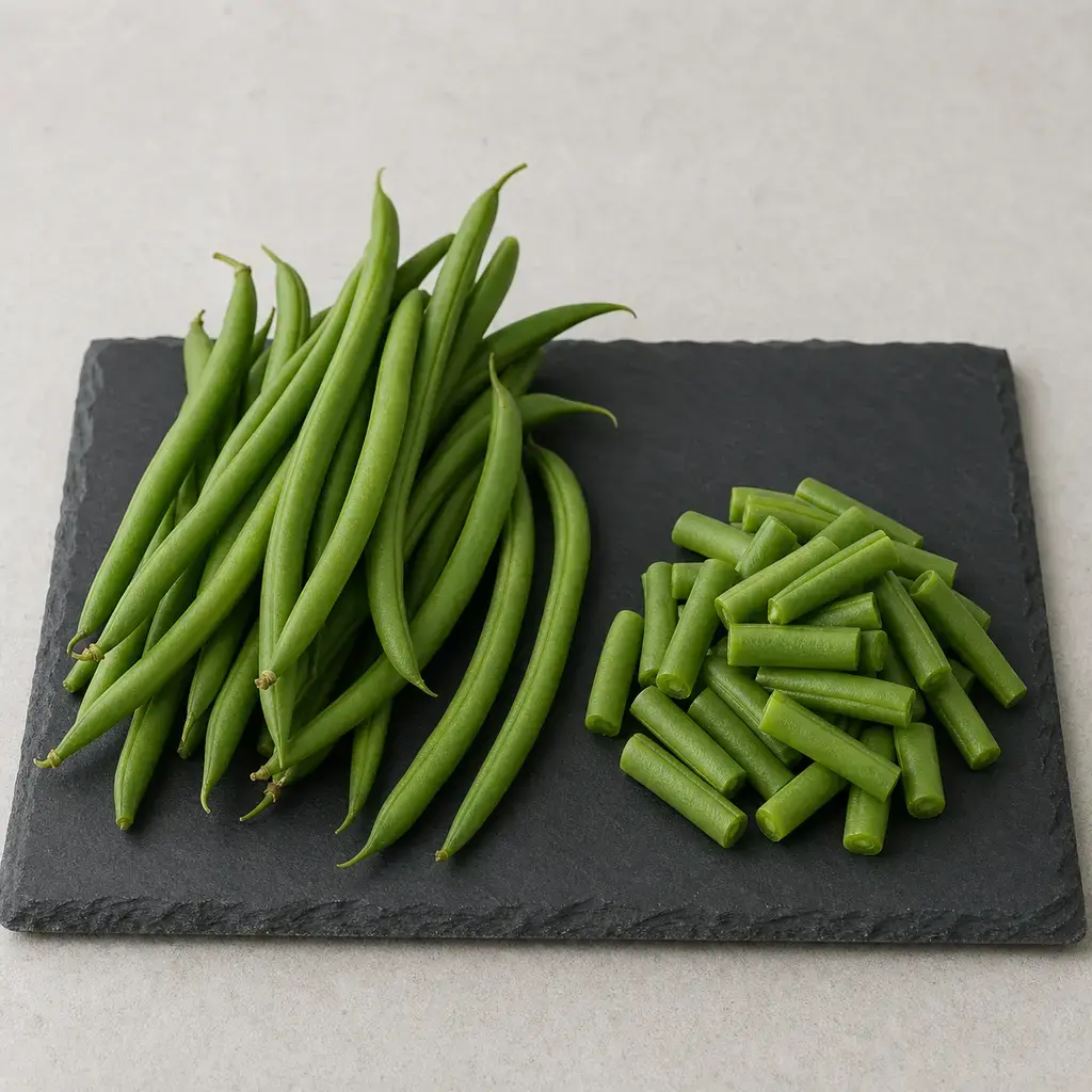 Plain green beans on a clean unbranded surface for a reptile food-safety check.