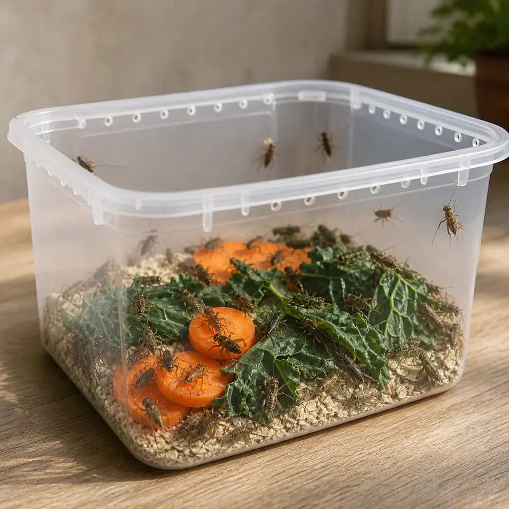 Purpose-made feeder insect gut-load beside a ventilated insect container.
