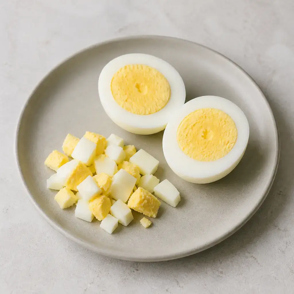 Plain hard-boiled egg on a clean unbranded surface for a reptile food-safety check.