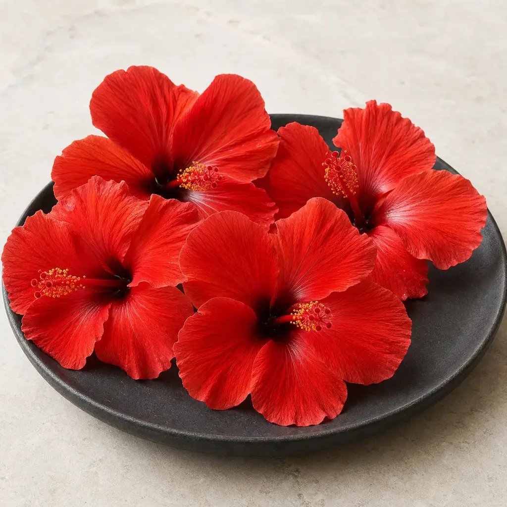 Plain hibiscus flowers on a clean unbranded surface for a reptile food-safety check.