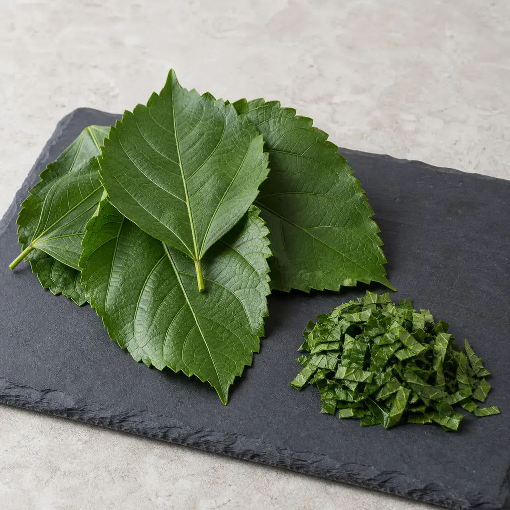 Plain hibiscus leaves on a clean unbranded surface for a reptile food-safety check.