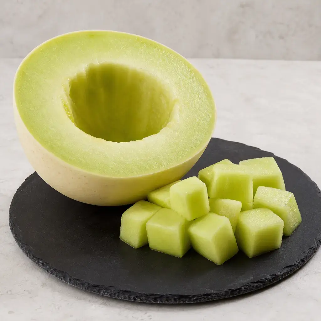 Plain honeydew on a clean unbranded surface for a reptile food-safety check.