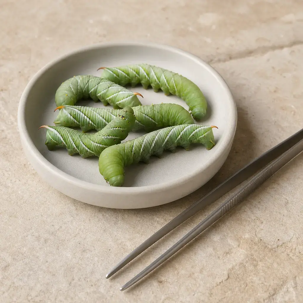 Plain hornworms on a clean unbranded surface for a reptile food-safety check.