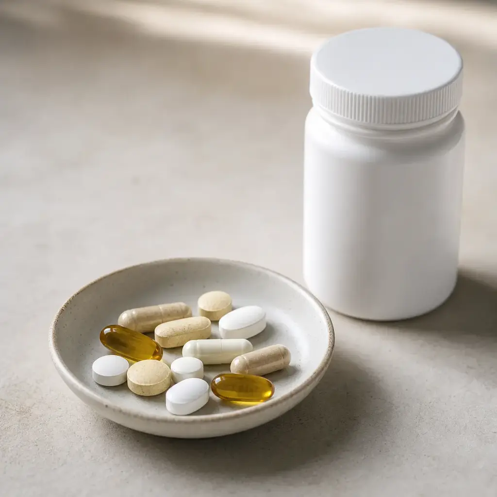 Plain human supplements on a clean unbranded surface for a reptile food-safety check.