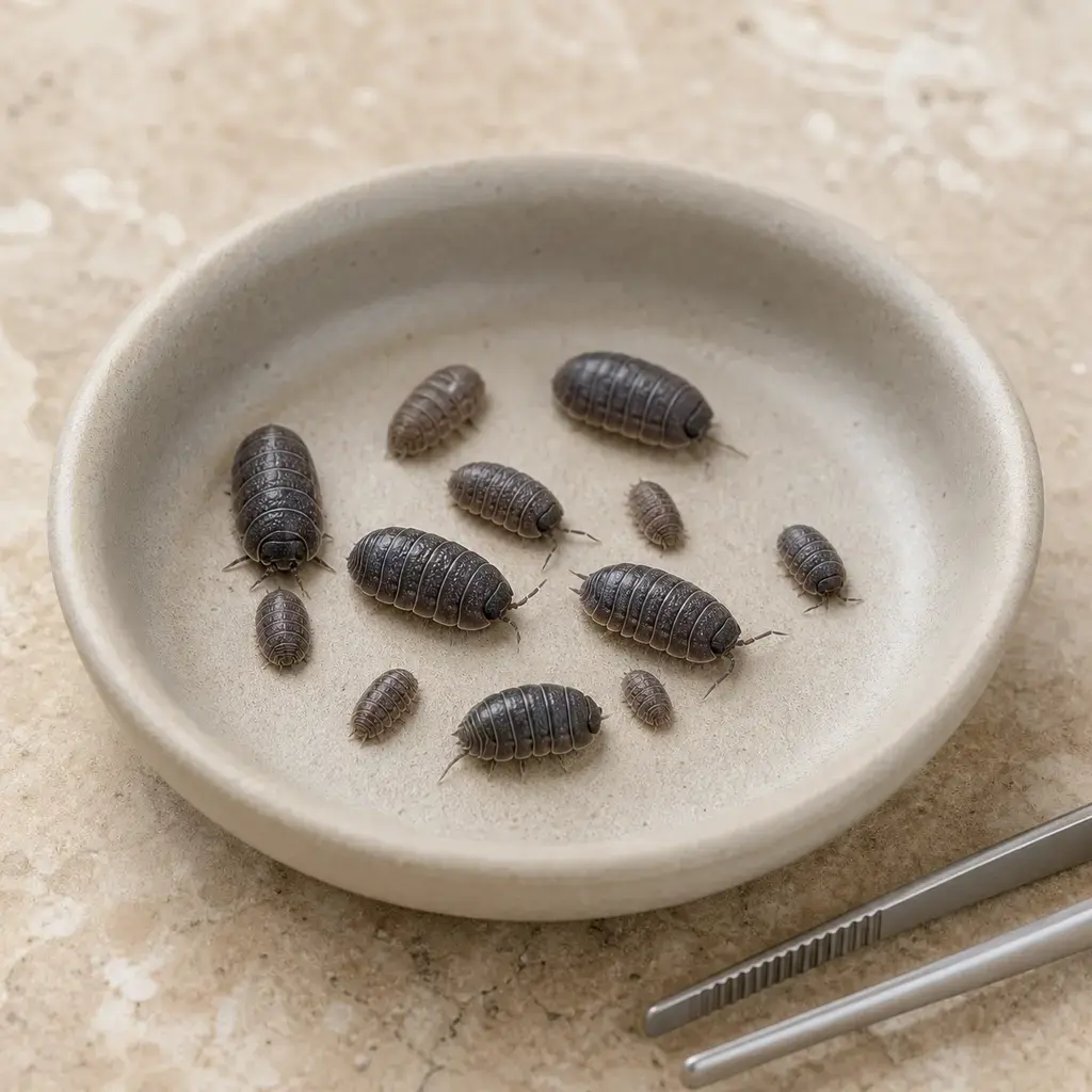 Plain isopods on a clean unbranded surface for a reptile food-safety check.