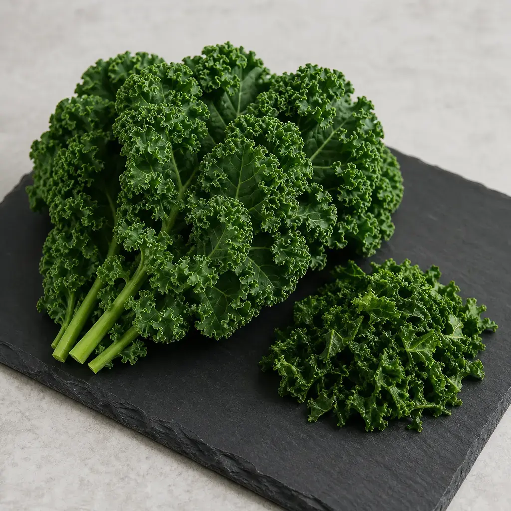 Plain kale on a clean unbranded surface for a reptile food-safety check.