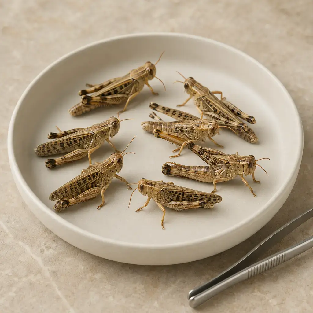 Plain locusts on a clean unbranded surface for a reptile food-safety check.
