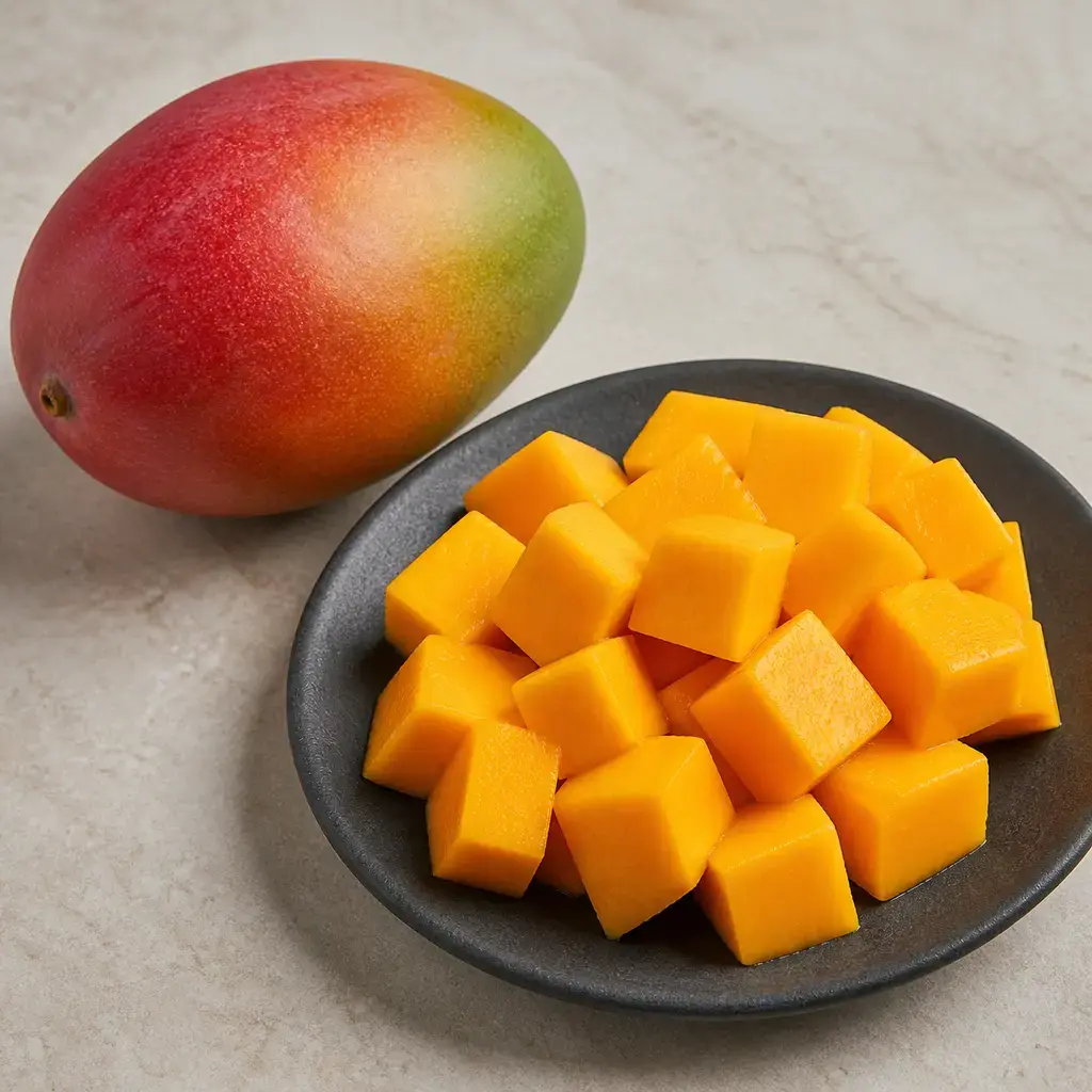 Plain mango on a clean unbranded surface for a reptile food-safety check.