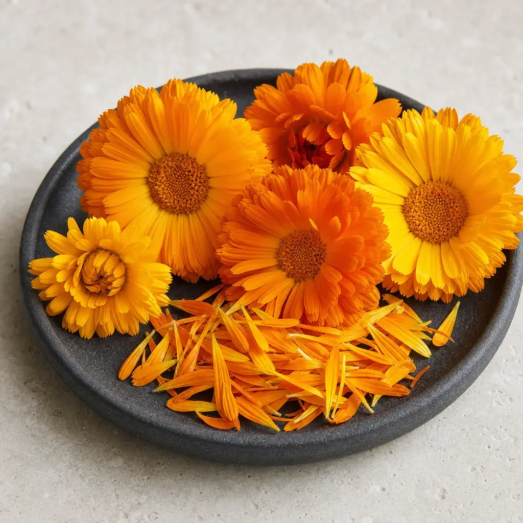 Plain marigold flowers on a clean unbranded surface for a reptile food-safety check.