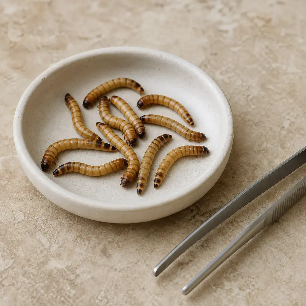 Plain mealworms on a clean unbranded surface for a reptile food-safety check.