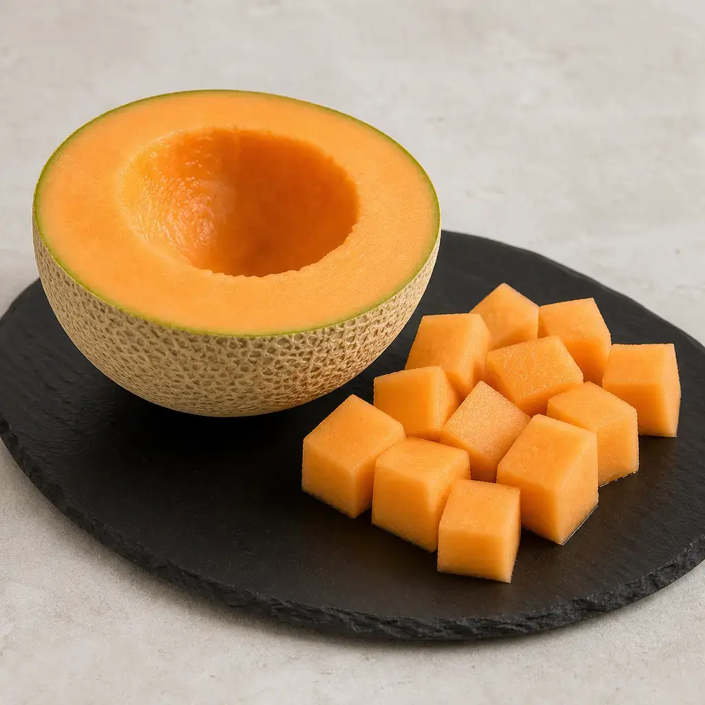Plain melon on a clean unbranded surface for a reptile food-safety check.