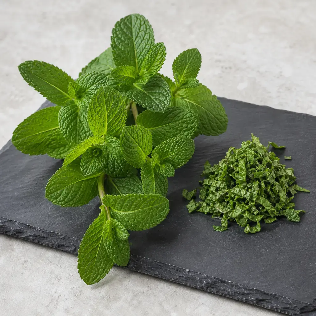 Plain mint on a clean unbranded surface for a reptile food-safety check.