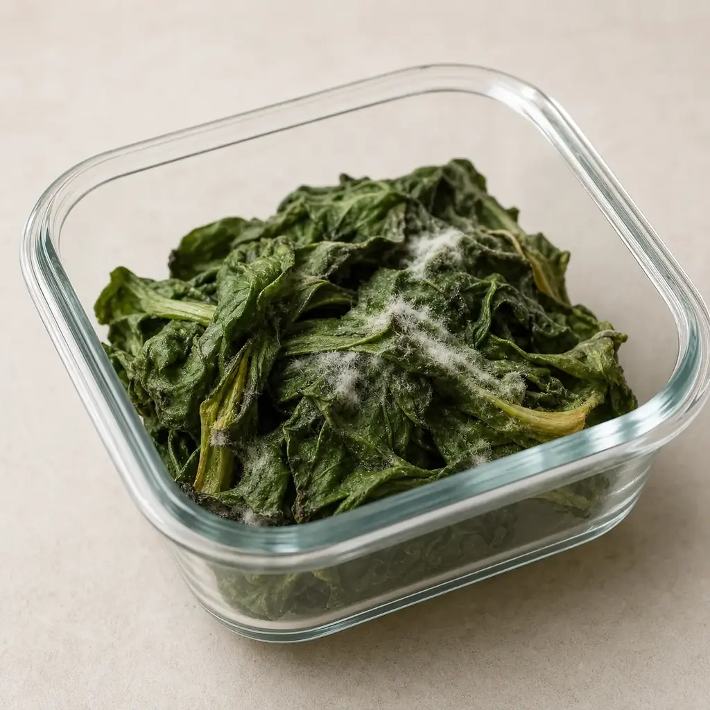 Plain moldy greens on a clean unbranded surface for a reptile food-safety check.