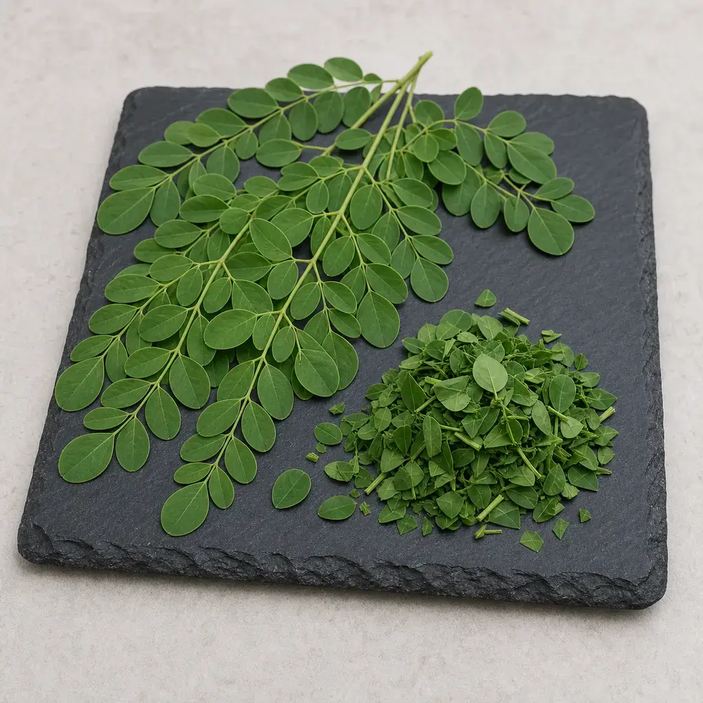 Plain moringa leaves on a clean unbranded surface for a reptile food-safety check.