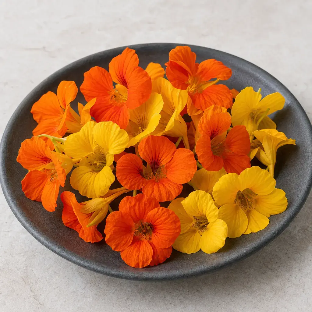 Plain nasturtium flowers on a clean unbranded surface for a reptile food-safety check.