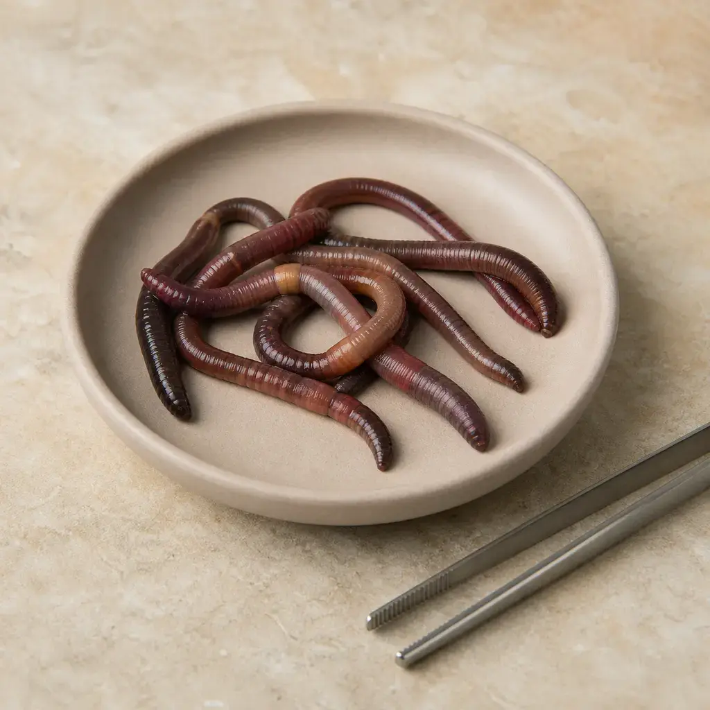 Plain nightcrawlers on a clean unbranded surface for a reptile food-safety check.