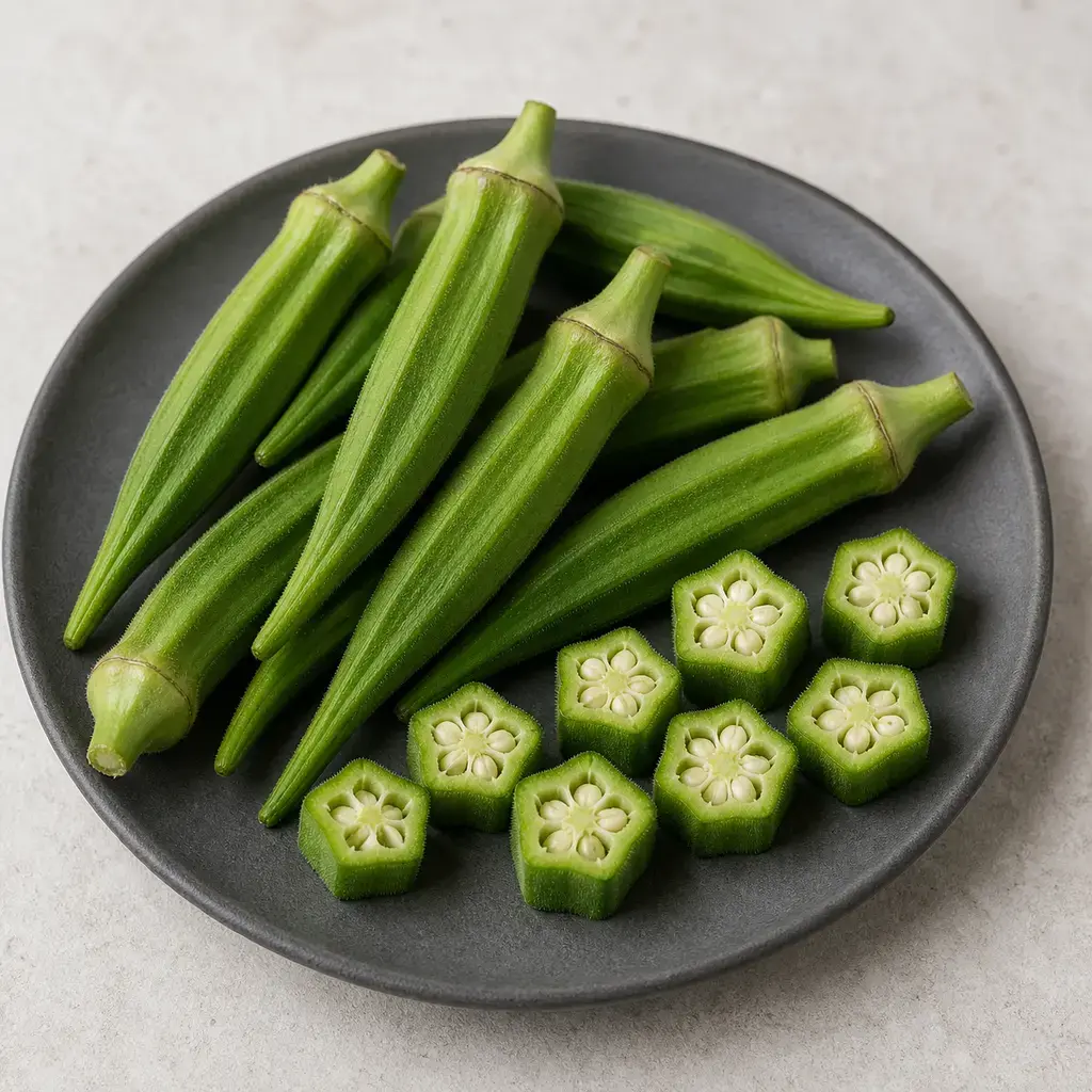 Plain okra on a clean unbranded surface for a reptile food-safety check.
